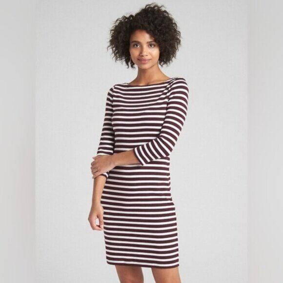 Gap Pima Cotton Nautical Striped Resort Coastal Boatneck Burgundy Dress M - Picture 1 of 8